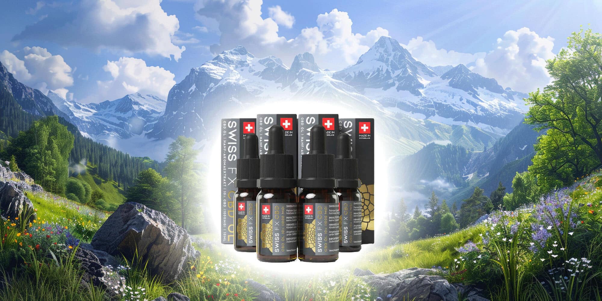 Swiss FX CBD-Öl in einer Schweizer Alpenkulisse|Älteres Pärchen kuschelt auf dem Sofa|Cannabispflanzen in den Schweizer Alpen|Schweizer Biochemielabor