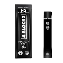 Schwarze Einweg-E-Zigarette der Marke 4BLOCKZ, Modell H2 Superior Blend mit der Geschmacksrichtung Strawnana Kush.