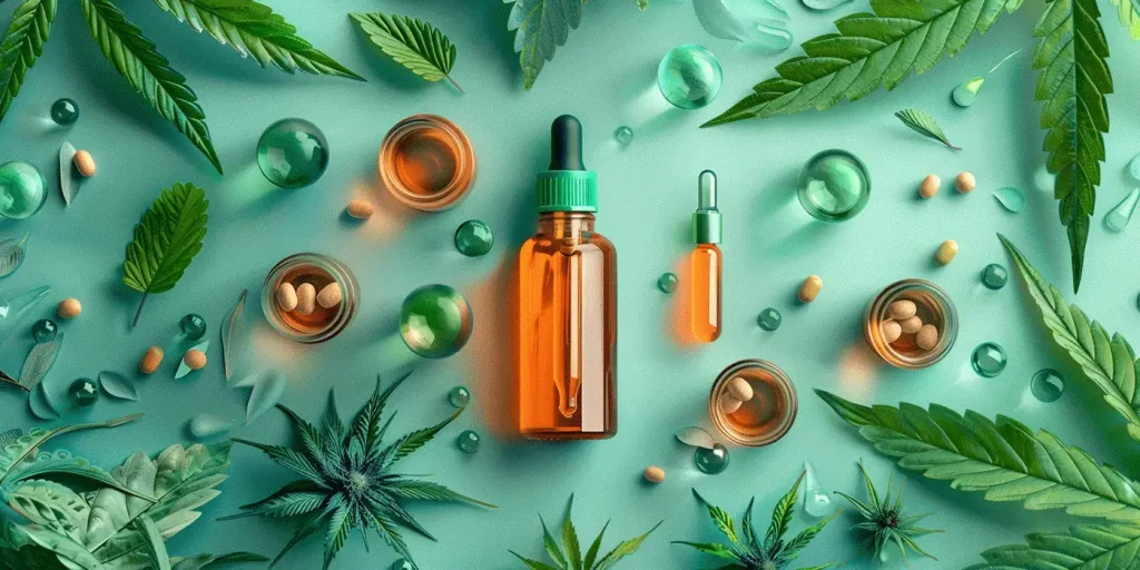 CBD Öl und verschiedene Pillen, umrahmt von Cannabisblättern