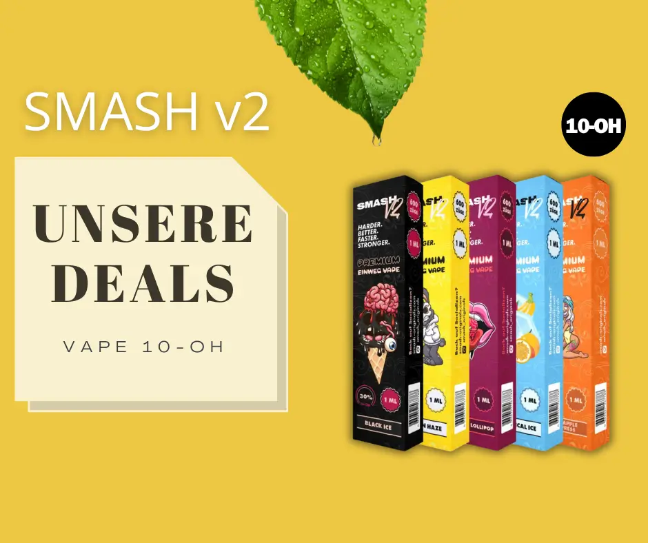 fünf verschiedenen Verpackungen von SMASH V2 Einweg-Vapes, jede Vape bietet 600 Züge und enthält 1 ml Flüssigkeit.