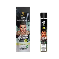 GZUZ H2 Superior Blend Vaporizer - Super Silver Haze,Einweg-E-Zigarette von ADAL, mit einer Illustration eines tätowierten Mannes auf der Verpackung.