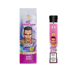 GZUZ H2 Superior Blend Vaporizer - Berry Gelato Einweg-E-Zigarette von ADAL, mit einer Illustration eines tätowierten Mannes auf der Verpackung.